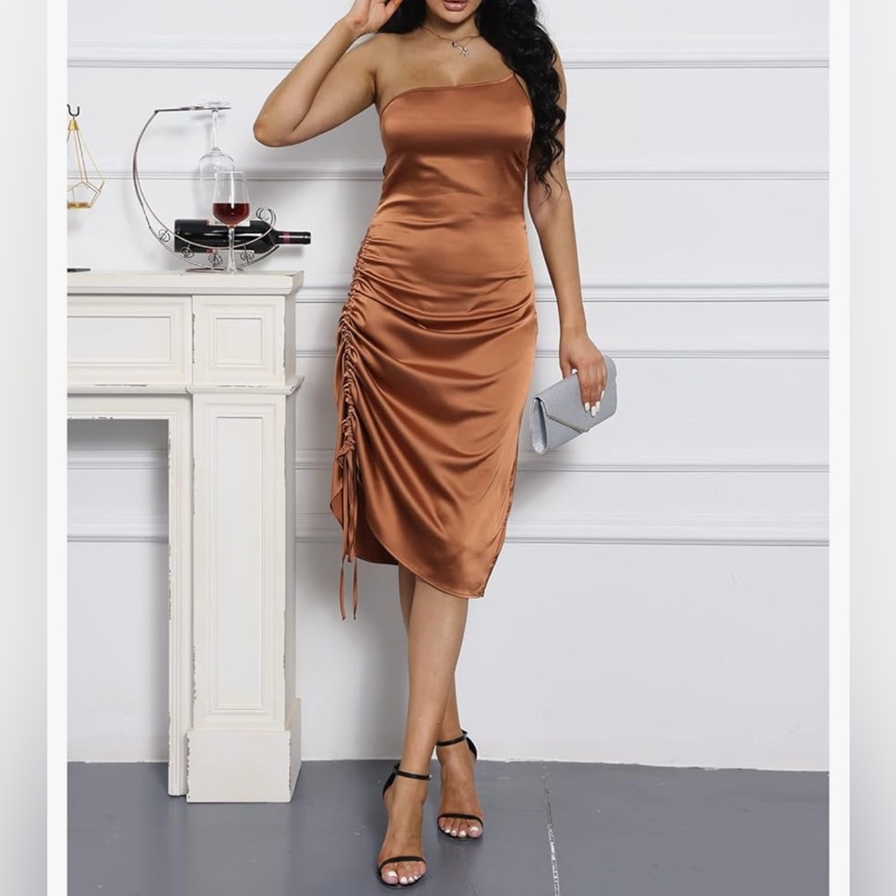 NWT - Women's Satin Dress Spaghetti Strap Drawstring Ruched Cocktail Evening - Picture 2 of 8